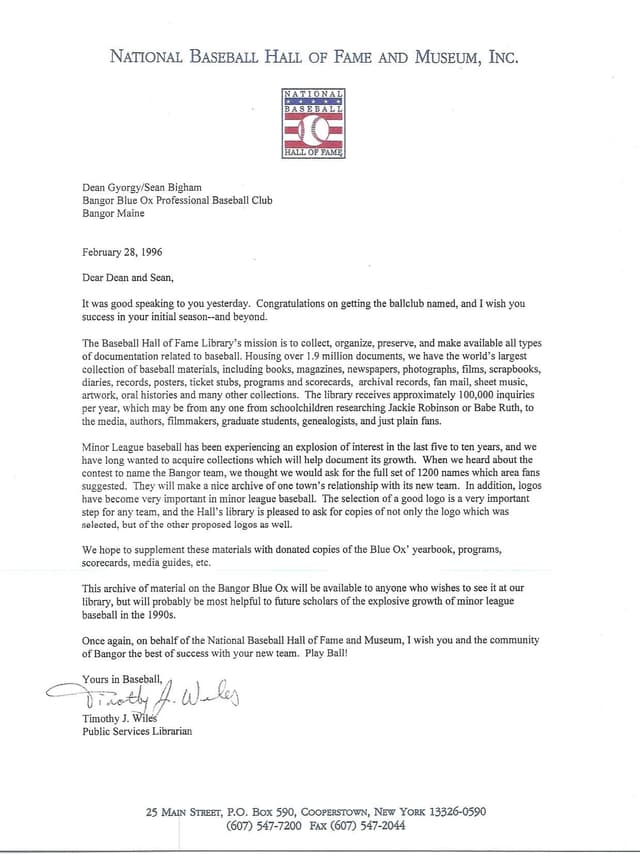 Letter from the National Baseball Hall of Fame, 1996