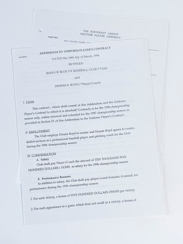 Northeast League Uniform Player Contract (Blank) & Oil Can Boyd Addendum